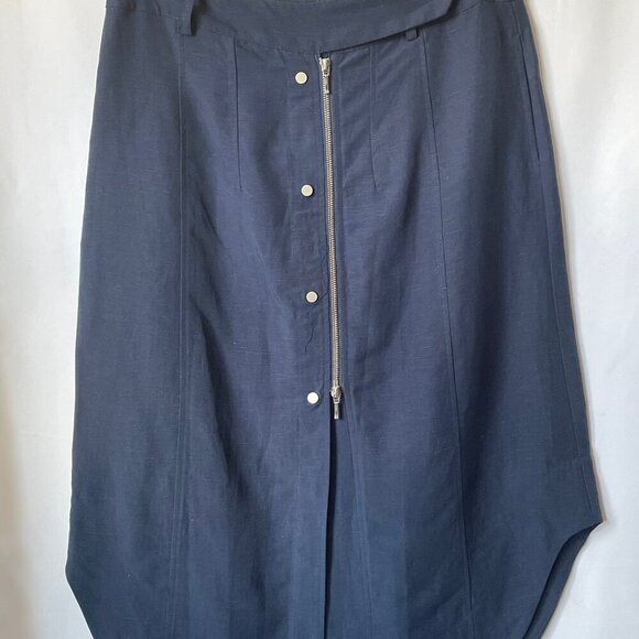 Tristan A-Line Midi Skirt 12 Blue Tencel Linen Button Full Zip Asymmetric Hem - Picture 8 of 9